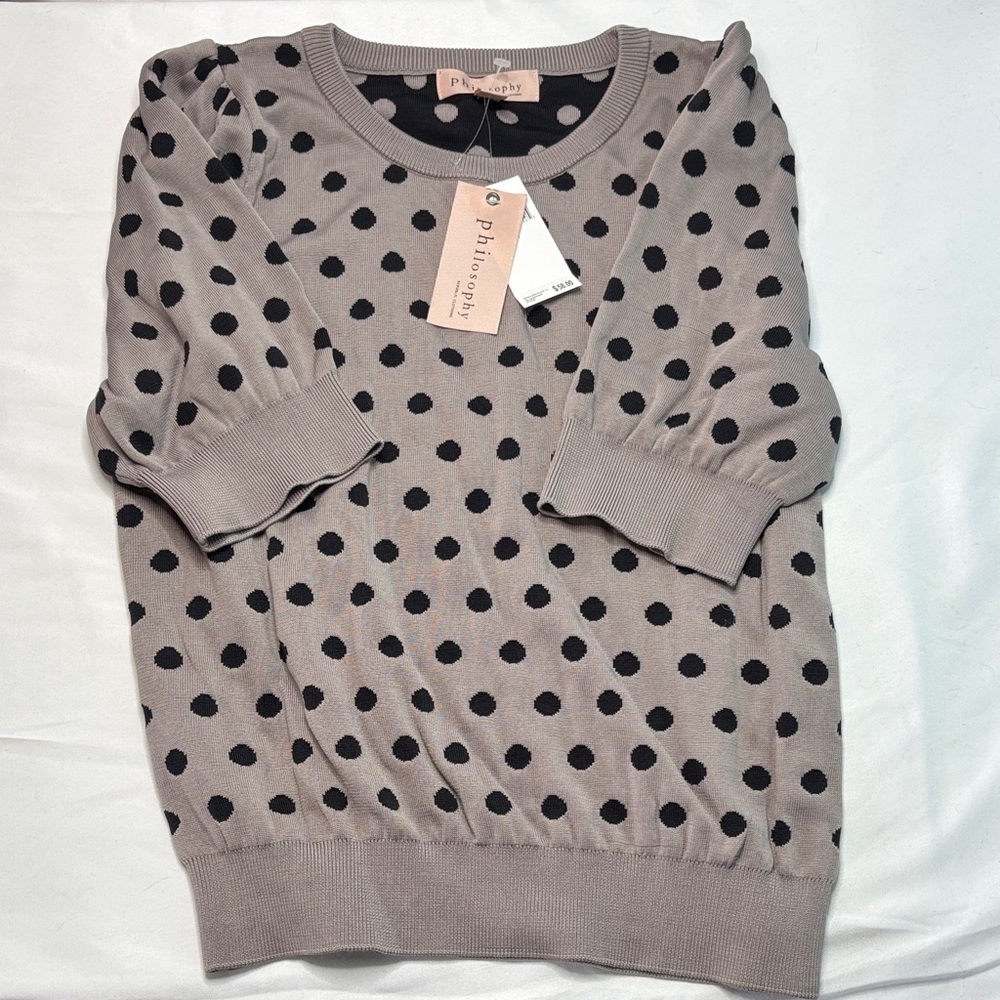 Philosophy Grey Crewneck Sweater with Black Polka Dots and Puff Sleeves - Picture 2 of 6